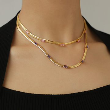 SAND Jewelry 18k gold herringbone chain necklace with pink/ purple cubic zirconia