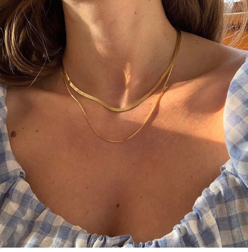 SAND Jewelry Double Gold Herringbone Chain Necklace Choker Set