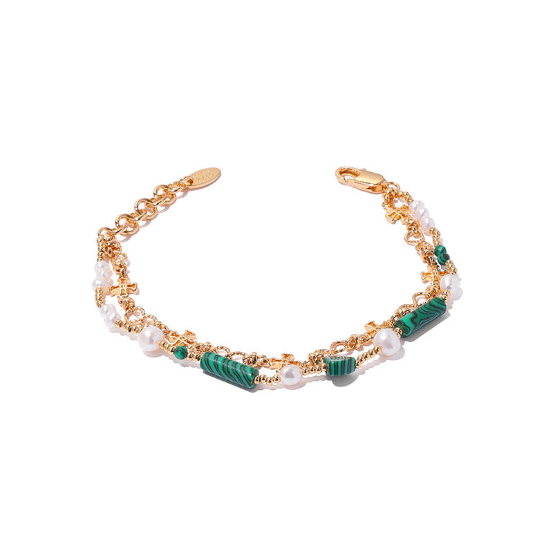 Pulsera de malaquita y perla en capas