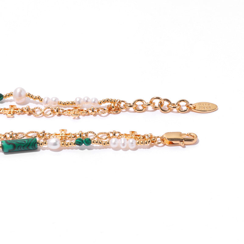 Pulsera de malaquita y perla en capas