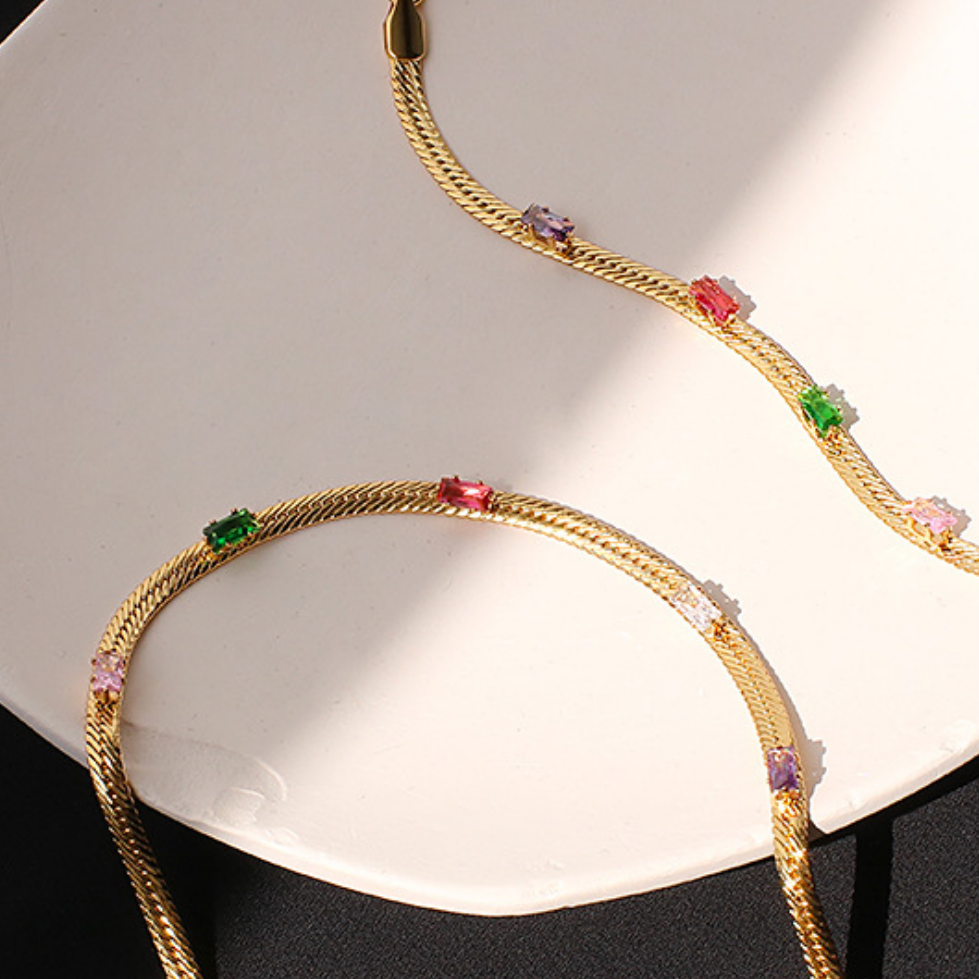 SAND Jewelry 14k gold herringbone chain necklace with mix-colored cubic zirconia