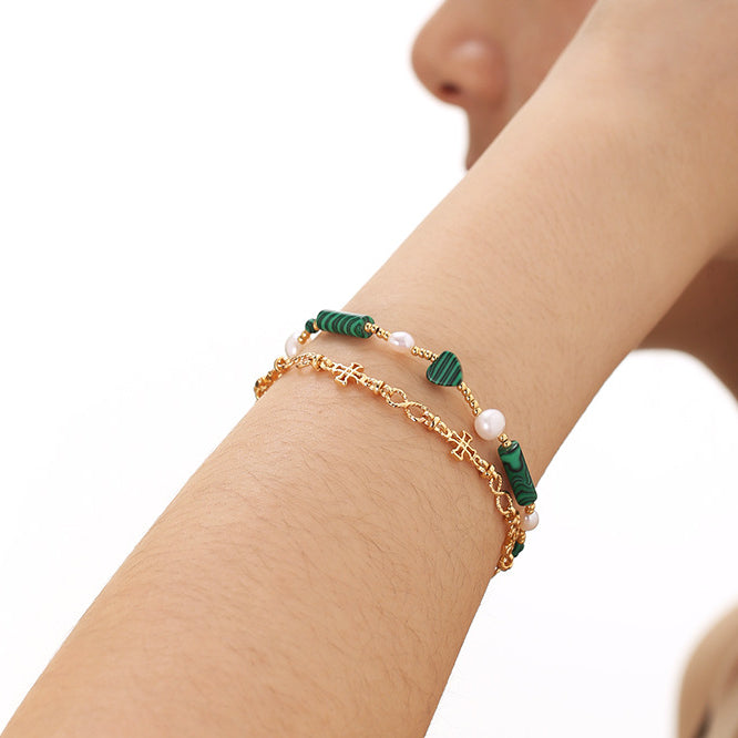 Pulsera de malaquita y perla en capas